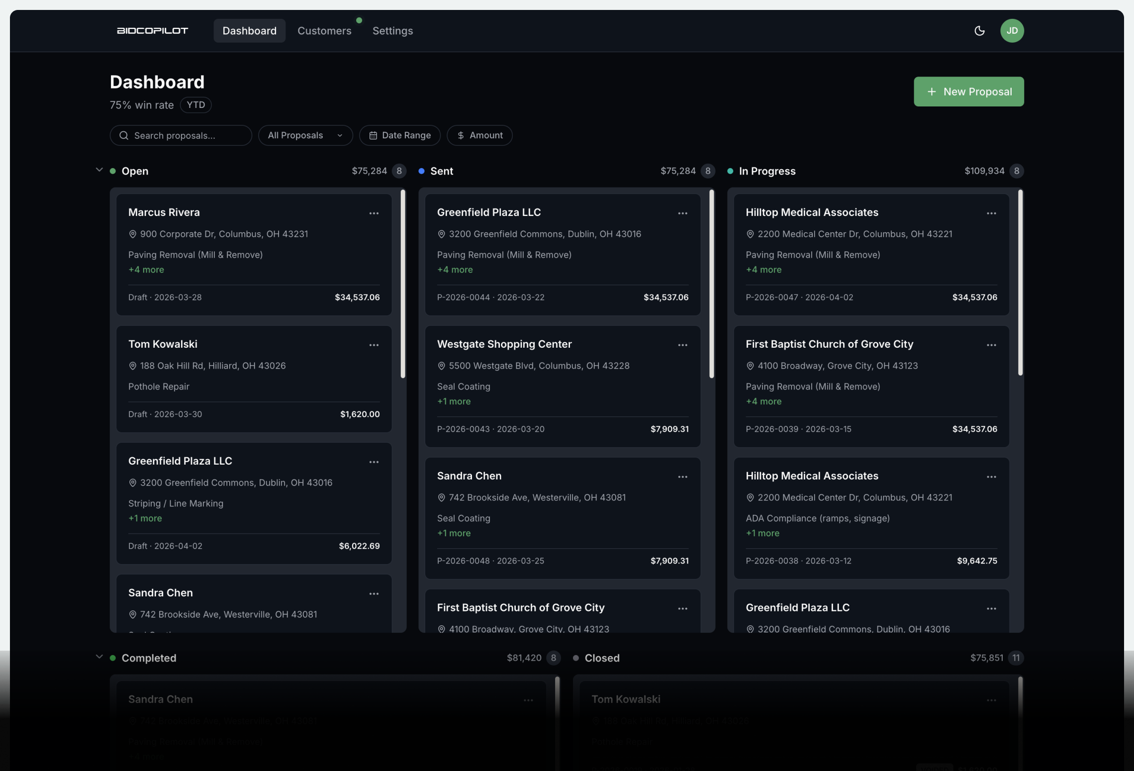 Bid Copilot product dashboard.